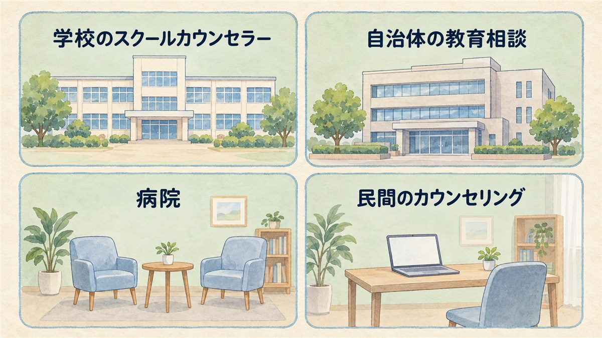 学校のスクールカウンセラー、自治体の教育相談、病院、民間のカウンセリングを同じ大きさのカードで整理した図解