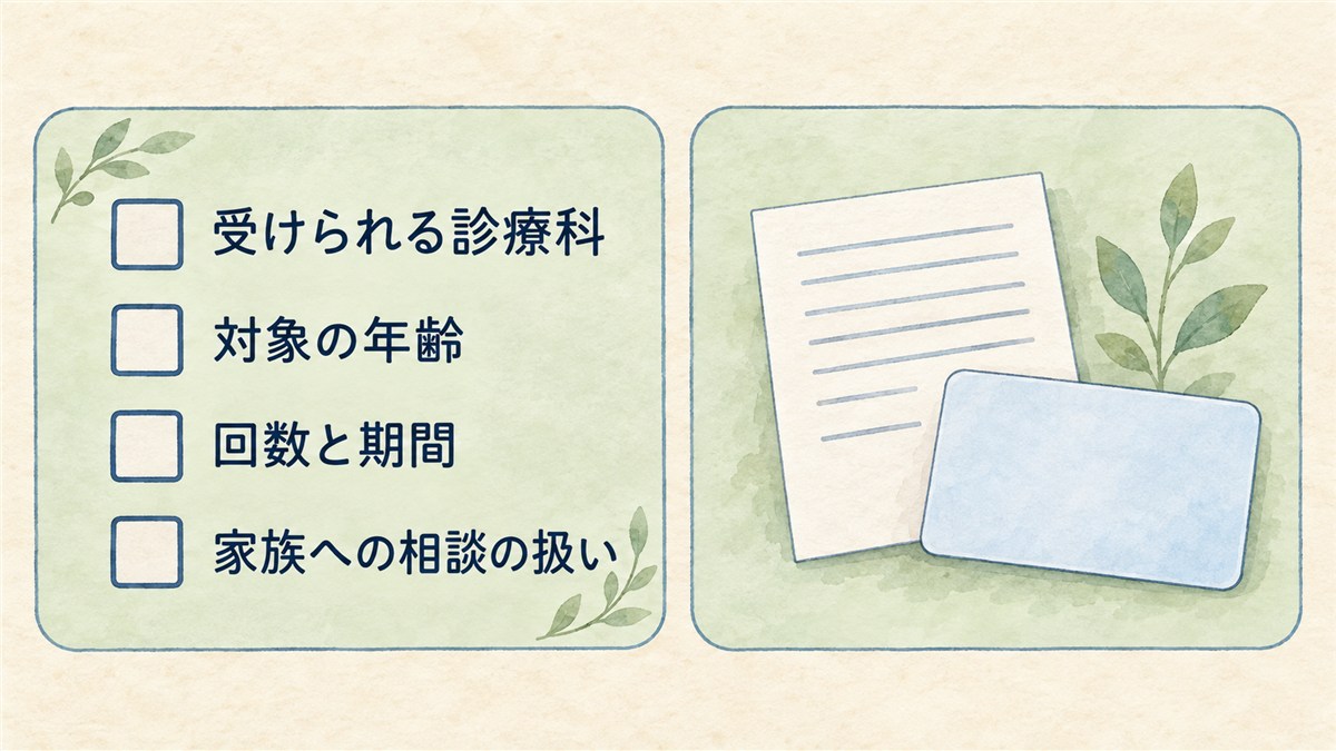 診療科、対象年齢、回数と期間、家族への相談の扱いを、空欄のチェック欄と無地の書類・カードで示した図解