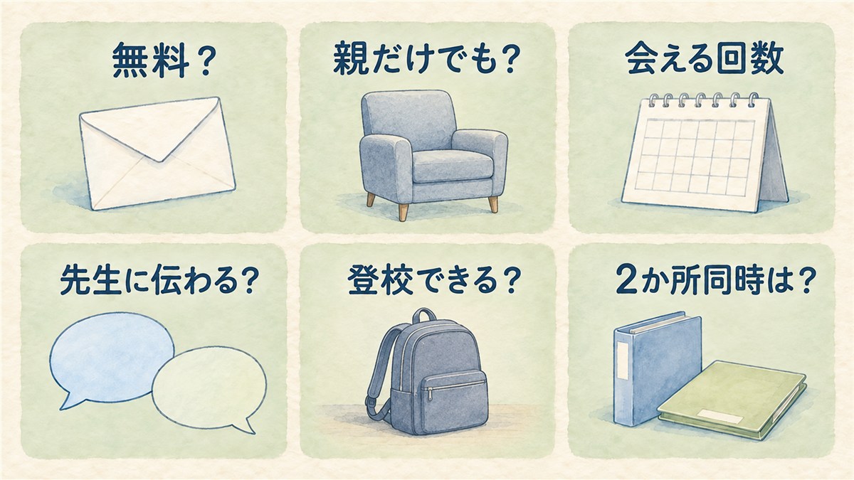 封筒、大人用のひじ掛け椅子、空欄のカレンダー、吹き出し、床に置いた通学用リュック、フォルダーで、カウンセリングの六つの質問を示した図解