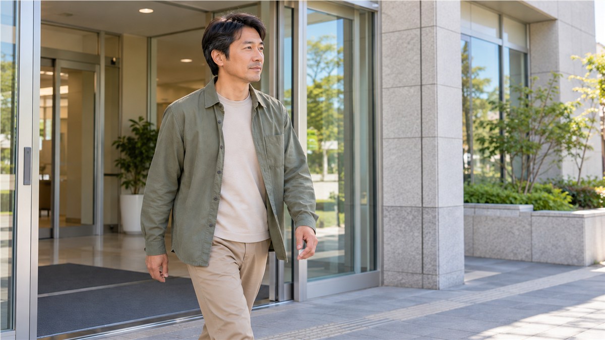 昼の光の中、一般的な公共施設の無地の入口から、落ち着いた表情で一人で歩いて出てくる日本人の父親
