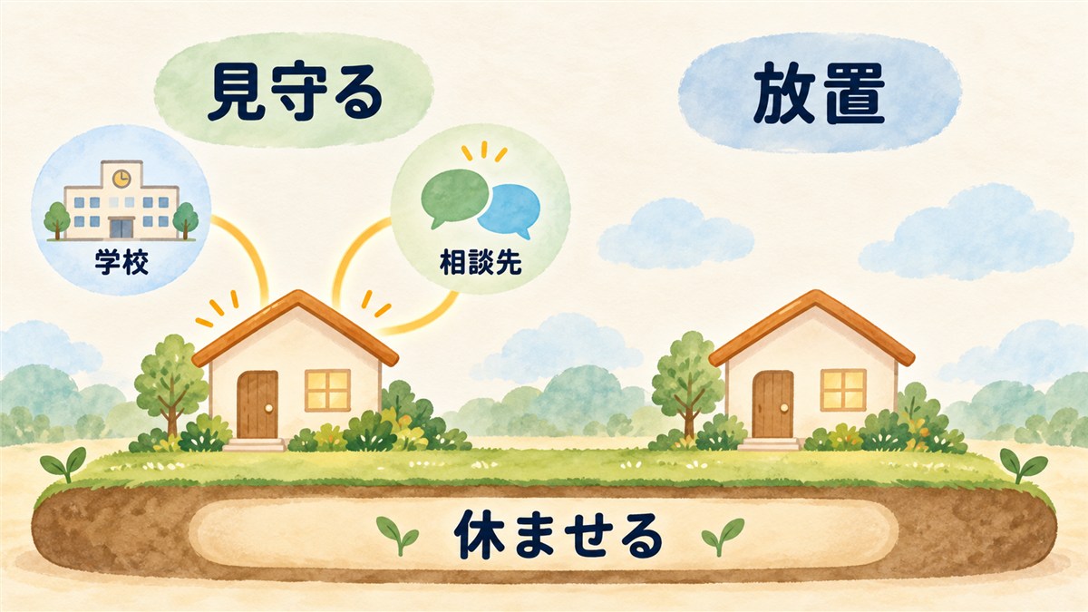 休ませる共通の土台の上で、学校や相談先とのつながりがある見守りと、つながりがない放置を比較する図解