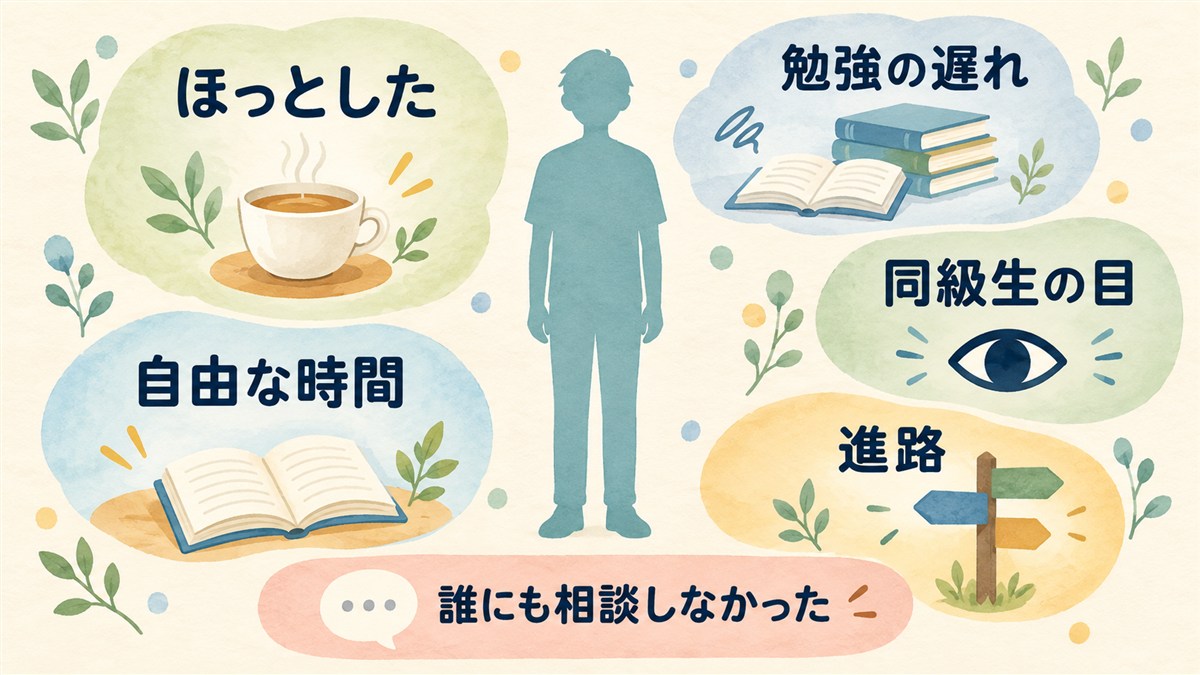 中学生のシルエットの周囲に、ほっとした気持ちと勉強や同級生や進路への不安を同時に並べた図解