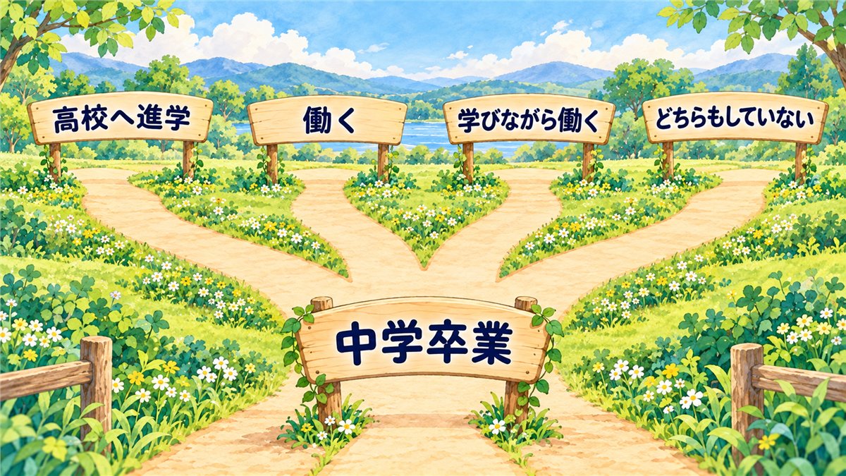 中学卒業後の道が、高校への進学、働くこと、学びながら働くこと、どちらもしていない状況の4つに分かれることを示す図解
