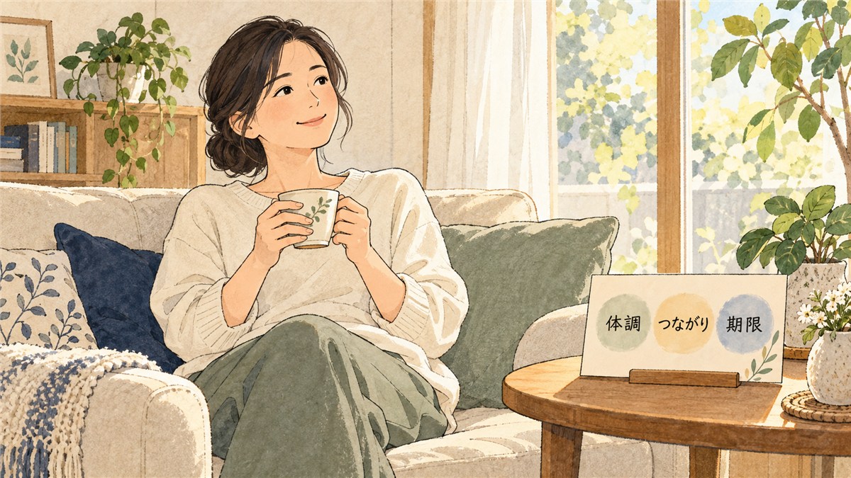 ソファでお茶を飲んで休む日本人の母親と、体調、つながり、期限を書いたメモのイラスト