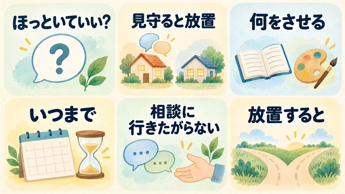 ほっといていいか、見守りと放置、家での過ごし方、待つ期間、相談への抵抗、放置についての疑問を並べた図解