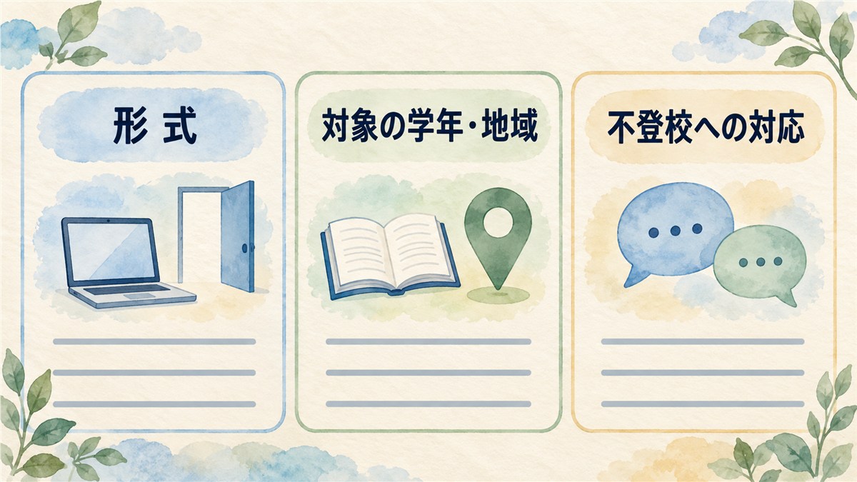 形式、対象の学年・地域、不登校への対応を、並列の同じ形のカードで整理した比較項目の図解