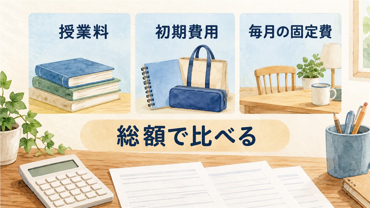 電卓と見積書のそばに授業料、初期費用、毎月の固定費を並べ、総額で比べることを示す図解