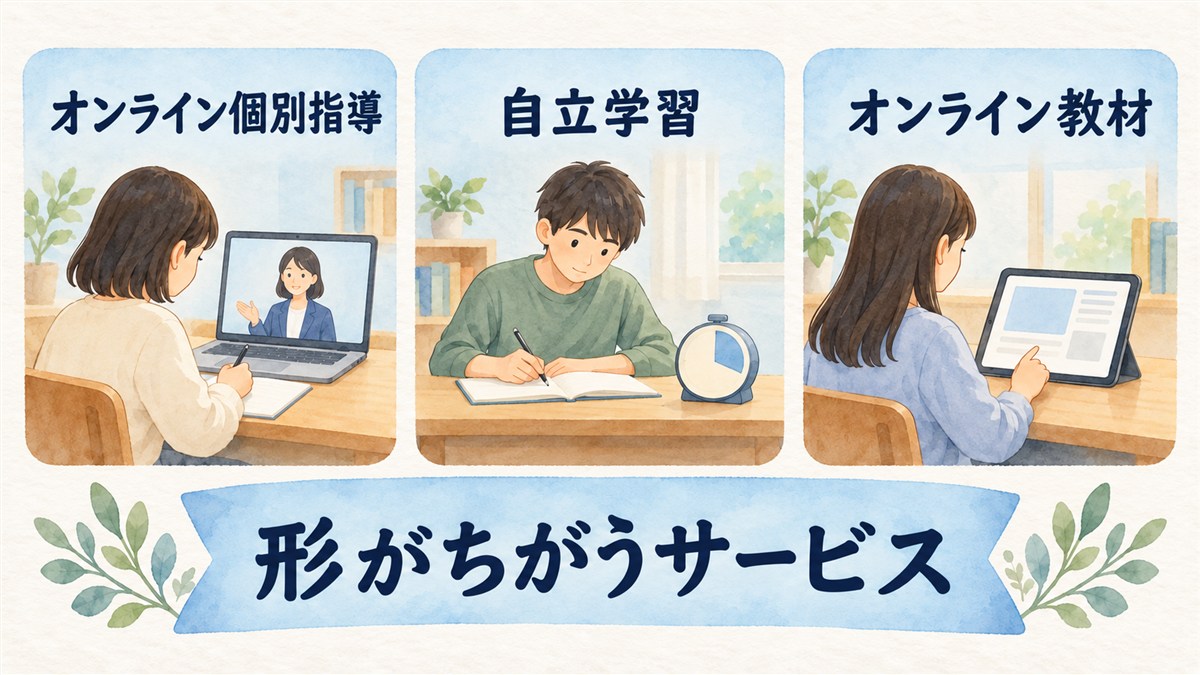 オンライン個別指導、自立学習、オンライン教材を同じ大きさで並べ、サービスの形の違いを示す図解