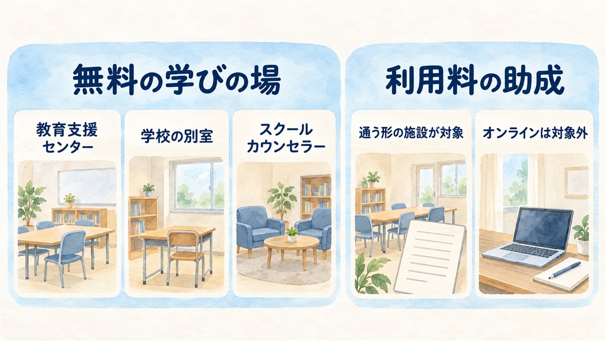 無料の学びの場と利用料の助成を分け、通う形の施設が対象でオンラインは対象外という条件を示す図解