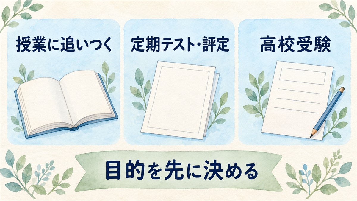 授業に追いつく、定期テスト・評定、高校受験の目的を同じ高さのカードで並べた図解