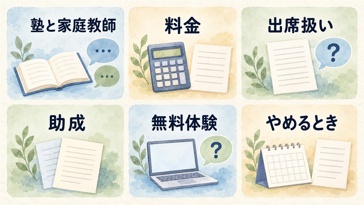 塾と家庭教師、料金、出席扱い、助成、無料体験、やめるときの疑問を中立的なアイコンで整理したFAQ図解