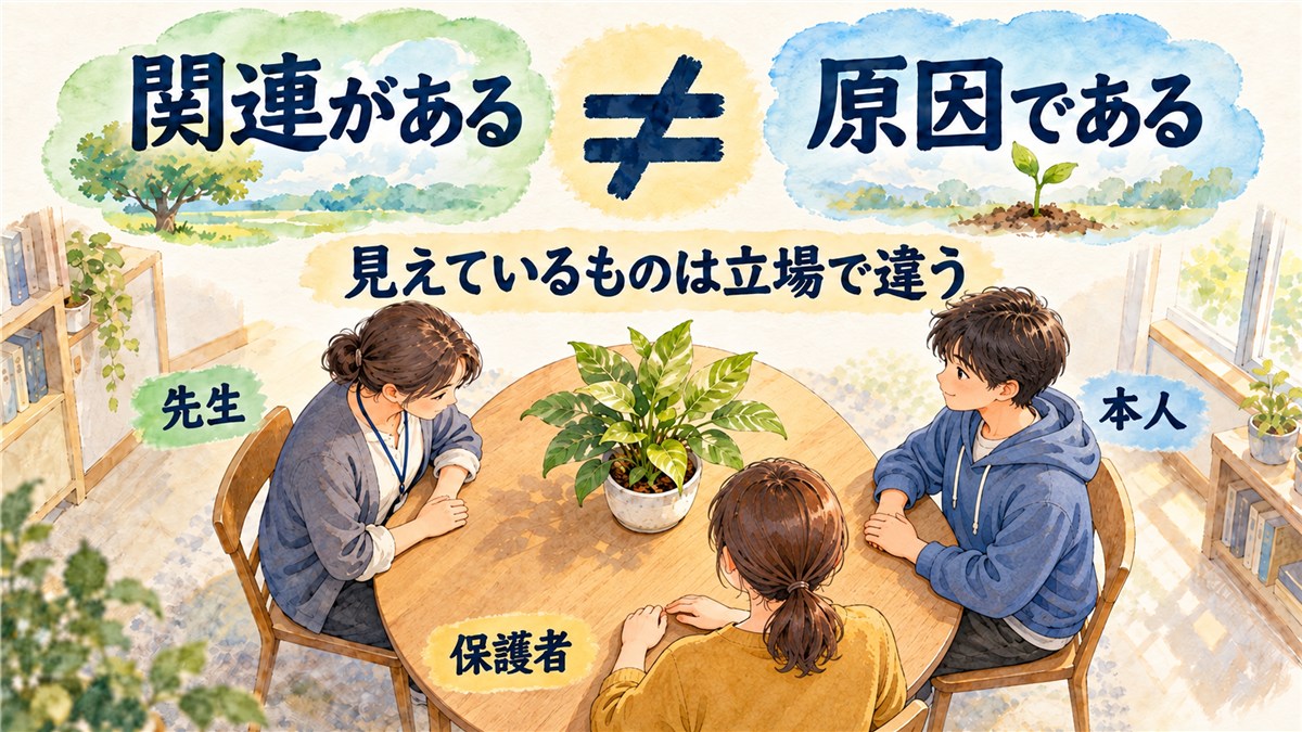 関連があることと原因であることを等しくない記号で区別し、先生、本人、保護者が同じ植物を異なる方向から見る図解