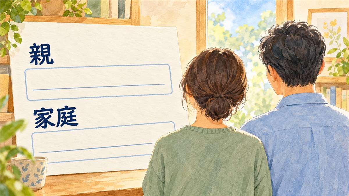 親と家庭の欄がある調査票と、穏やかに並ぶ母親と父親の後ろ姿を描いたイラスト
