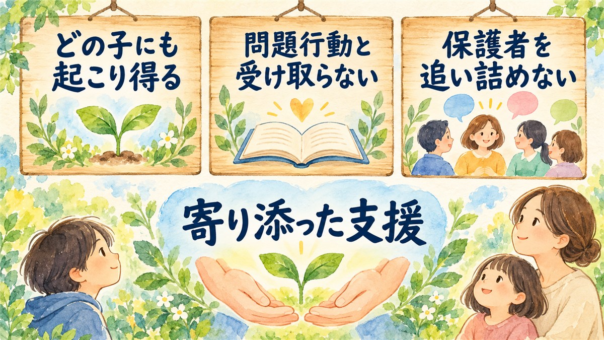 どの子にも起こり得ること、問題行動と受け取らないこと、保護者を追い詰めないことと、寄り添った支援を示す図解