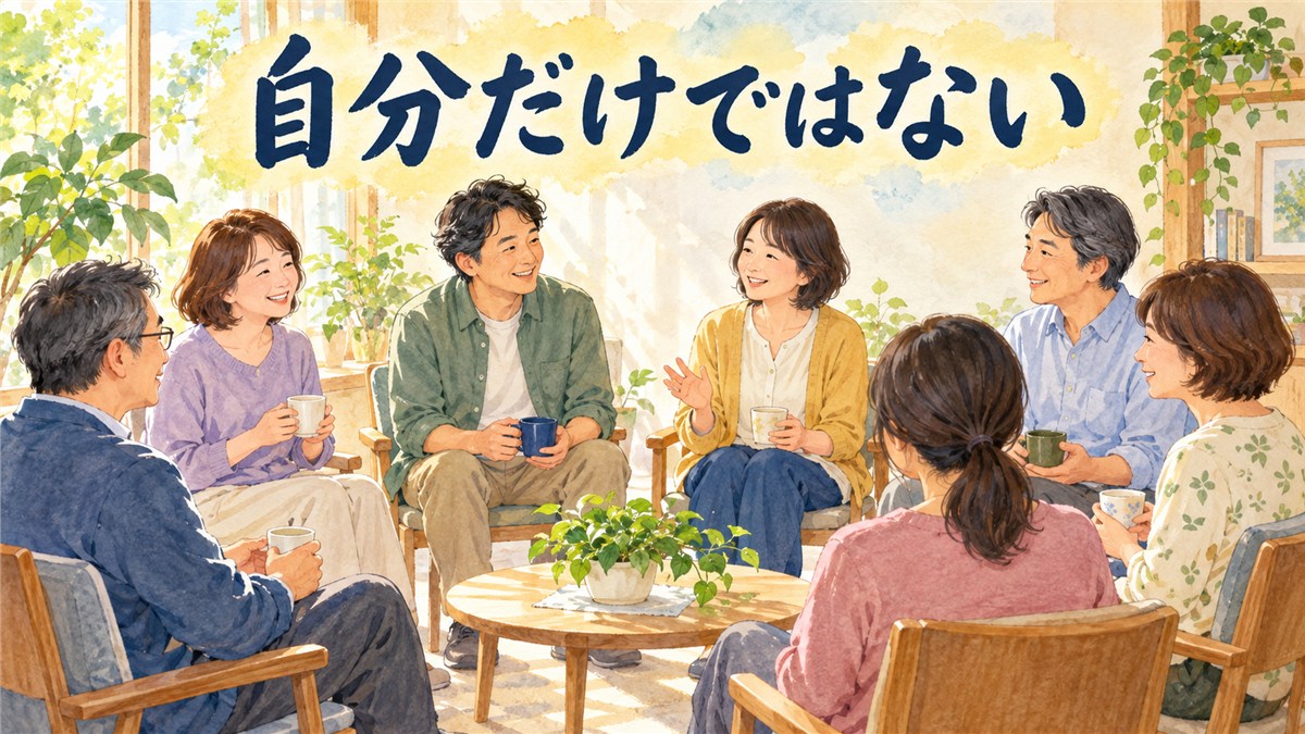 明るい部屋で円になってお茶を飲みながら話す日本人の保護者たちと、自分だけではないというラベルのイラスト
