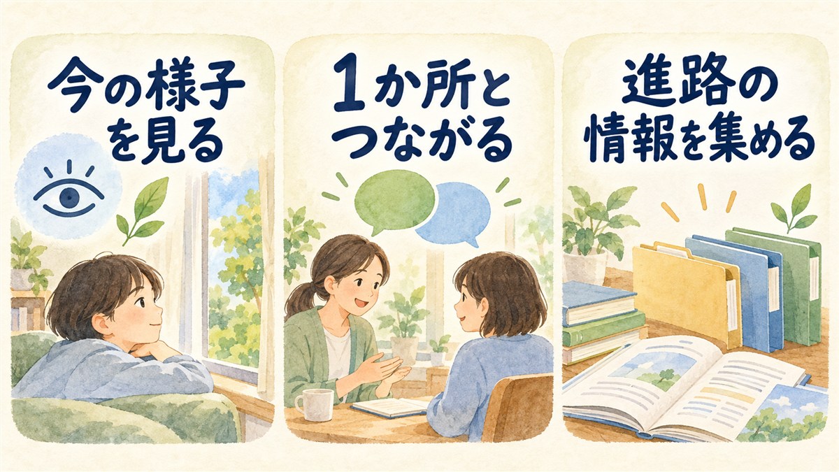 今の様子を見る、相談先など1か所とつながる、進路の情報を集めるという行動を、順序をつけず並列に並べた図解