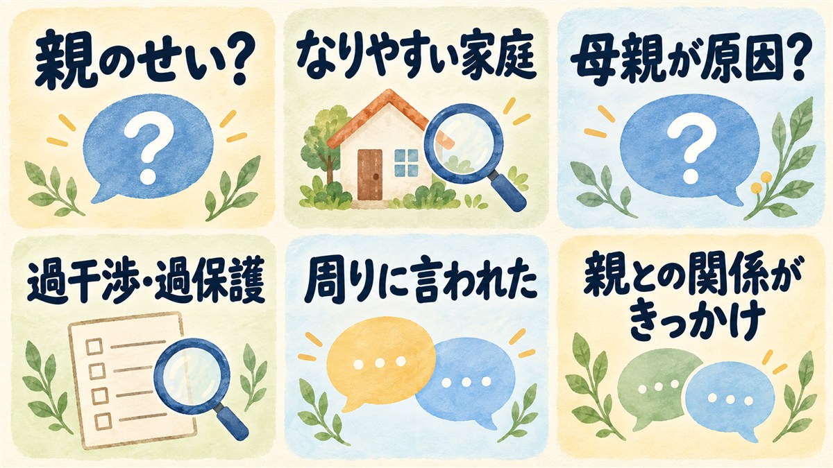 親のせいか、家庭の特徴、母親が原因か、過干渉や過保護、周りからの言葉、親との関係についての疑問を並べたタイル型図解
