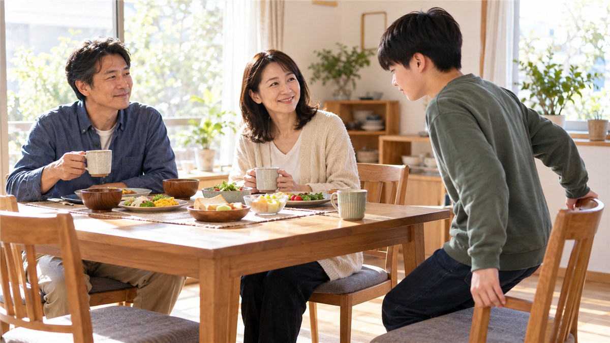 朝の光が入るダイニングで、朝食の席につく日本人の両親と、私服の中学生が椅子に座ろうとしている穏やかな場面