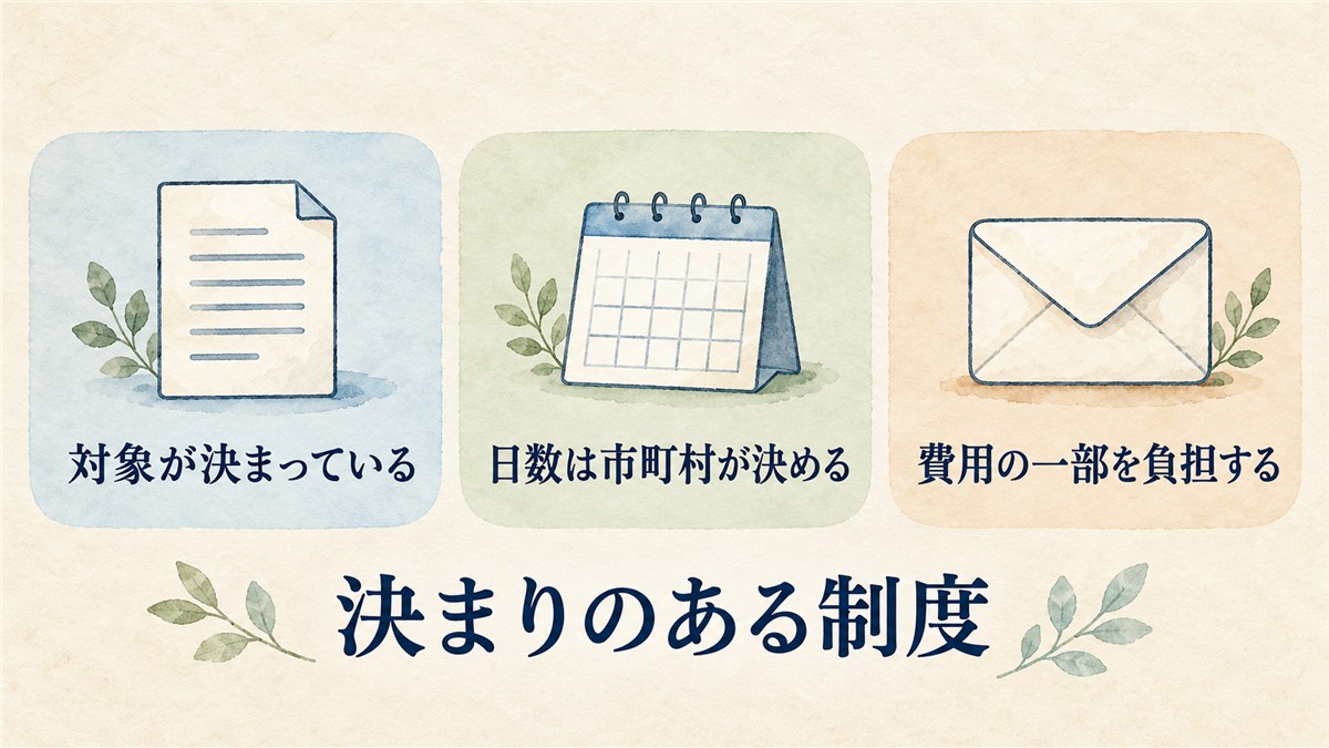 対象、利用日数、費用の一部負担という制度の決まりを同じ大きさの札で示した図解