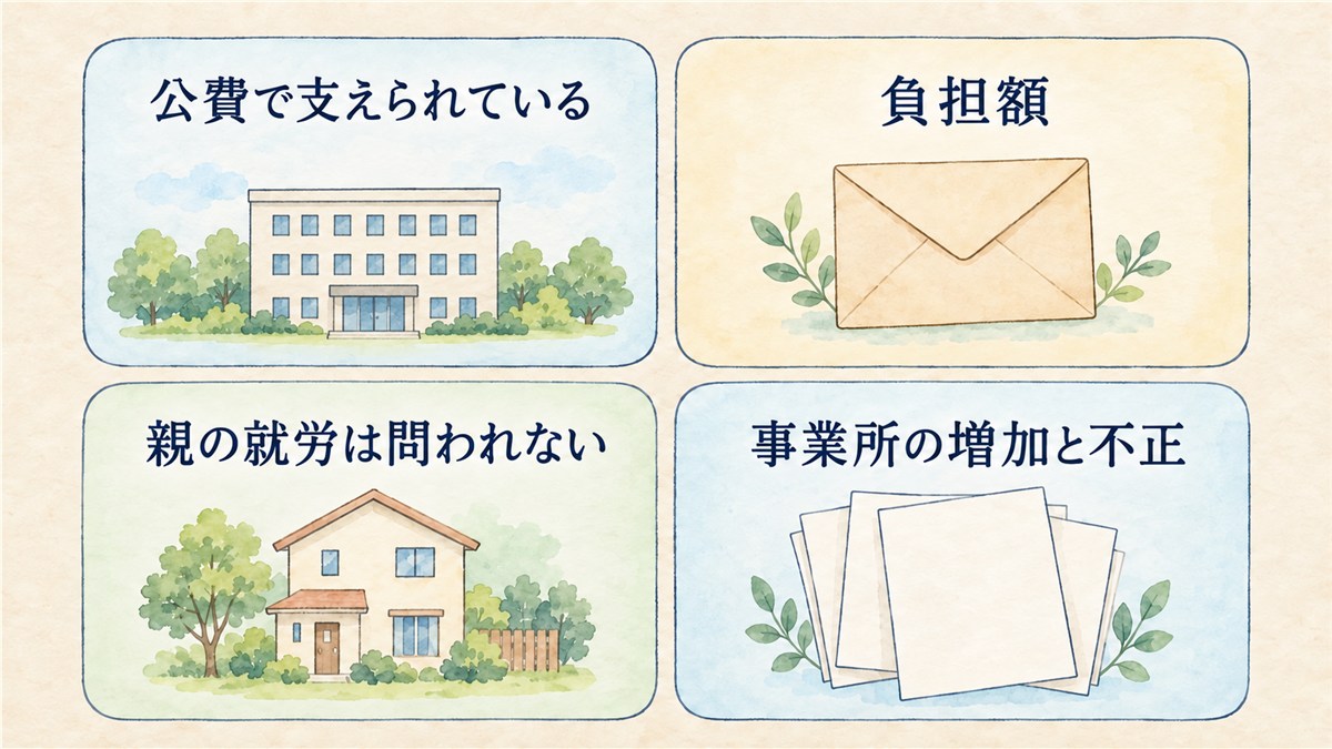 箱型の庁舎、強調線のない封筒、家、書類で、公費・負担額・親の就労・事業所の増加と不正を同じ大きさの札に整理した図解