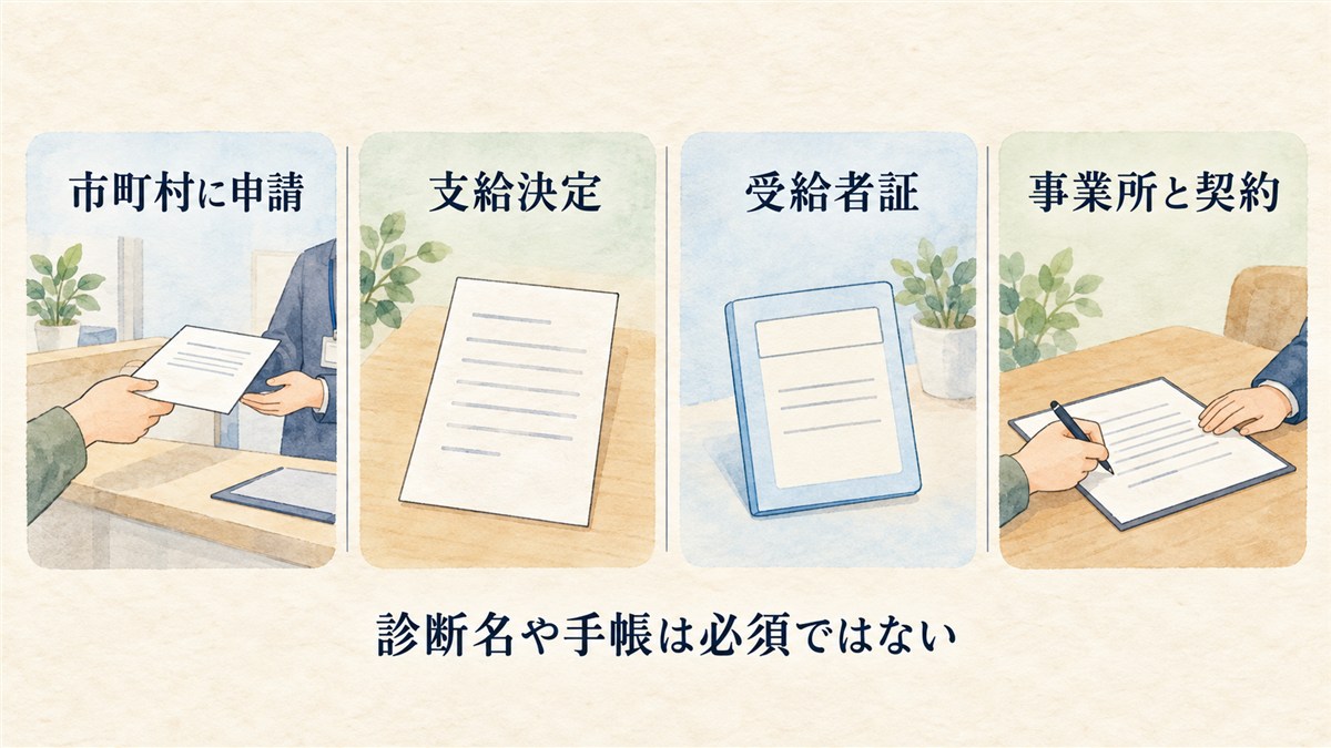 市町村への申請、支給決定、受給者証、事業所との契約の順序と、診断名や手帳が必須ではないことを示した図解