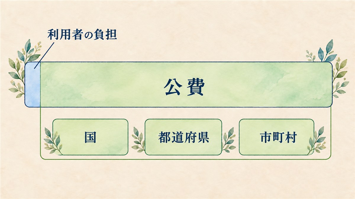 利用者負担を狭い帯で示し、公費の下に国・都道府県・市町村の同じ緑の札をまとめた費用構造の図解