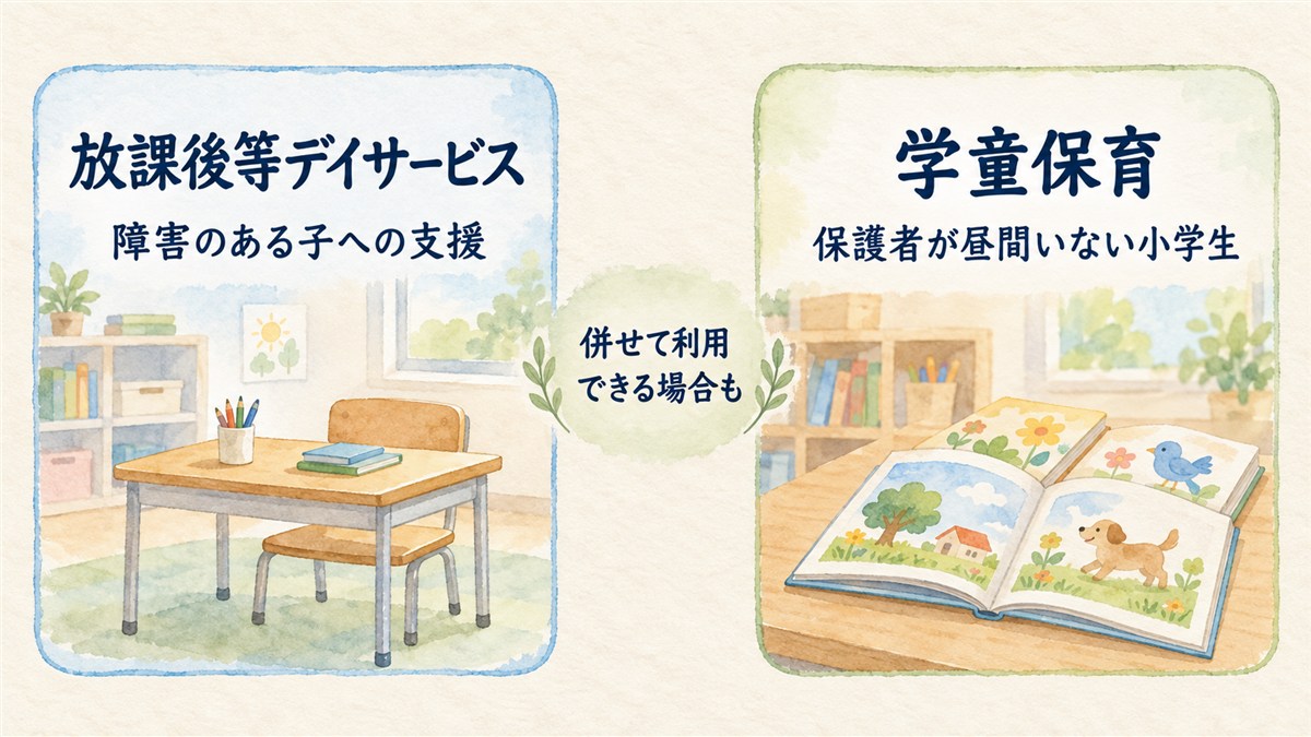 放課後等デイサービスと学童保育の対象の違い、併用できる場合があることを示した図解