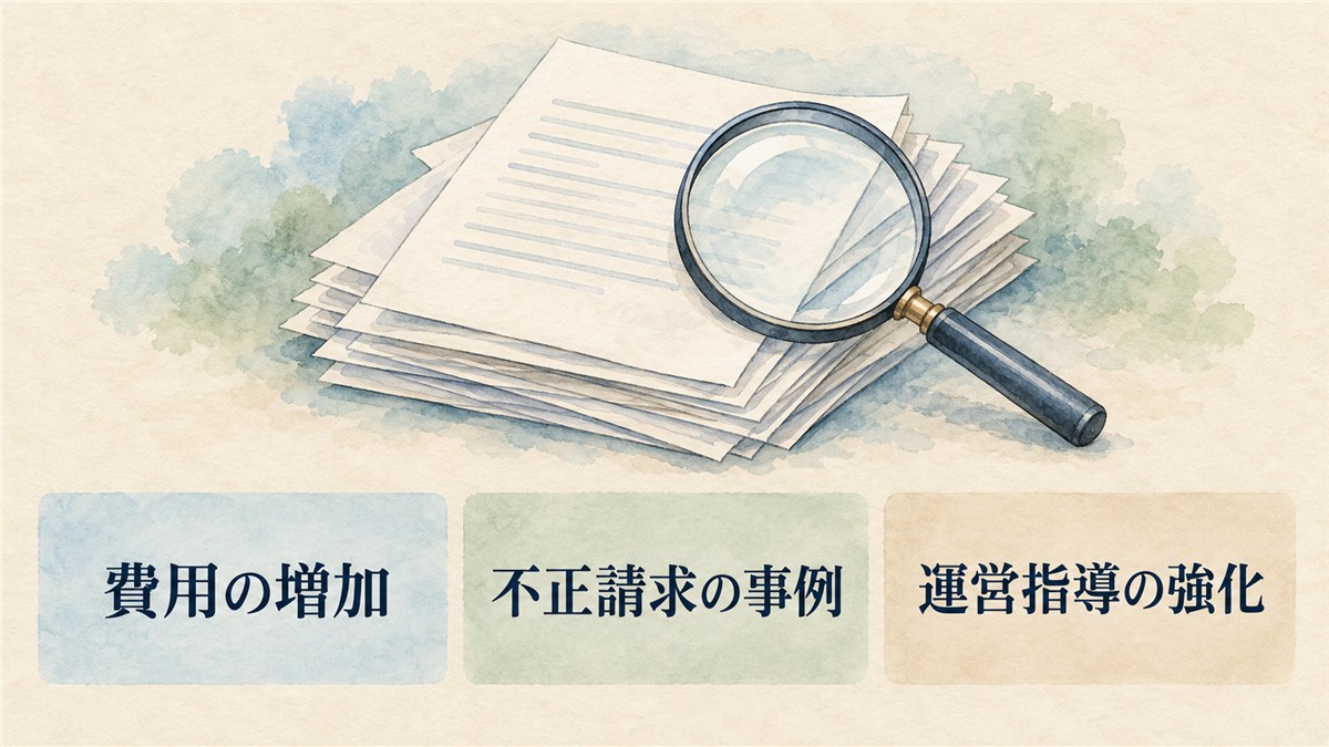 書類と虫めがねのそばに、費用の増加、不正請求の事例、運営指導の強化を並列に示した図解