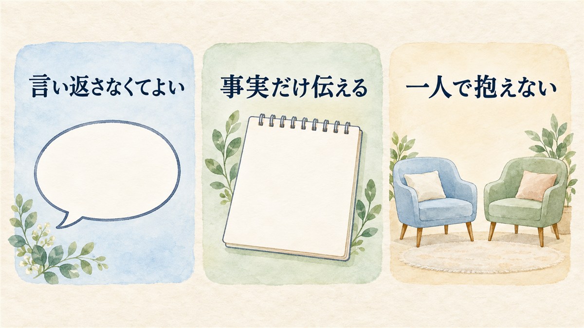 言い返さなくてよい、事実だけ伝える、一人で抱えないという対処を吹き出し・メモ・椅子で示した図解