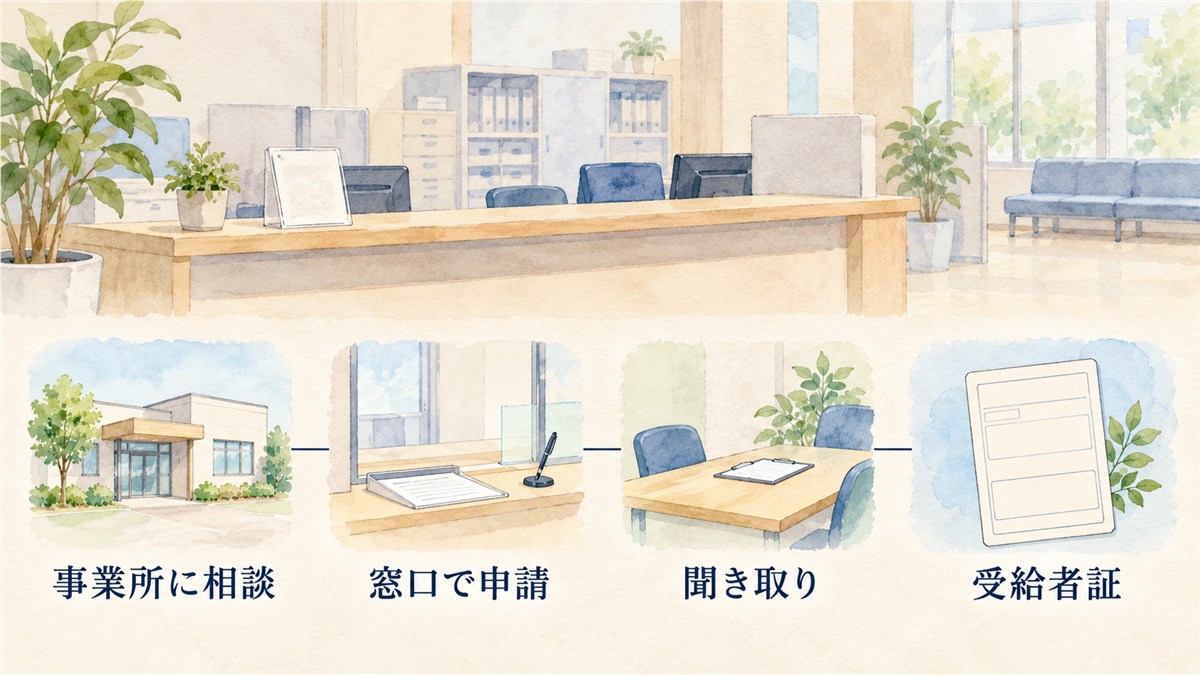 事業所への相談、窓口での申請、聞き取り、受給者証という利用までの流れを示した図解