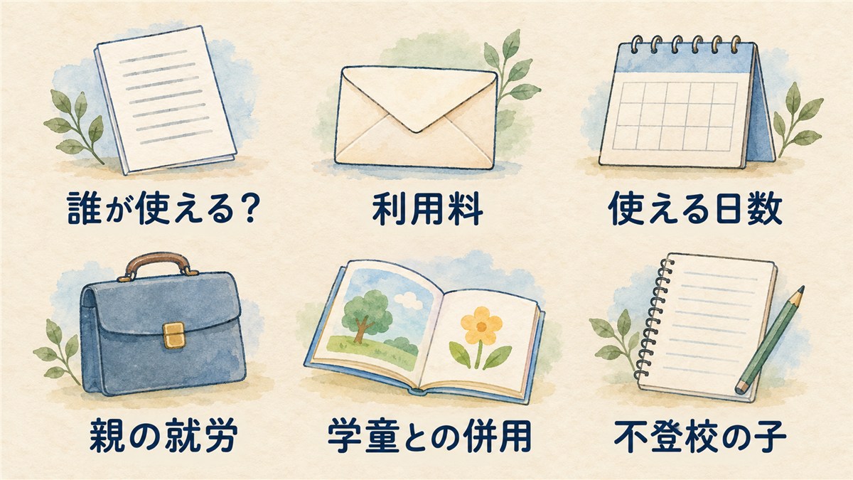 対象、利用料、利用日数、親の就労、学童との併用、不登校の子という質問項目を整理した図解