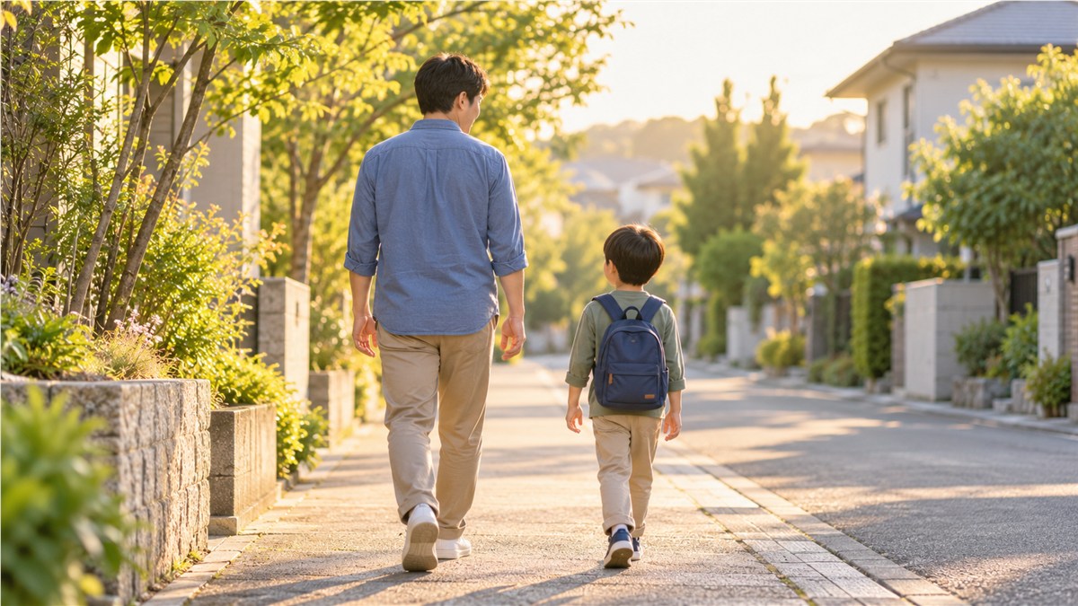 夕方の明るい住宅街の歩道を、手をつながず並んで歩く日本人の父親と小さなリュックを背負った子どもの後ろ姿