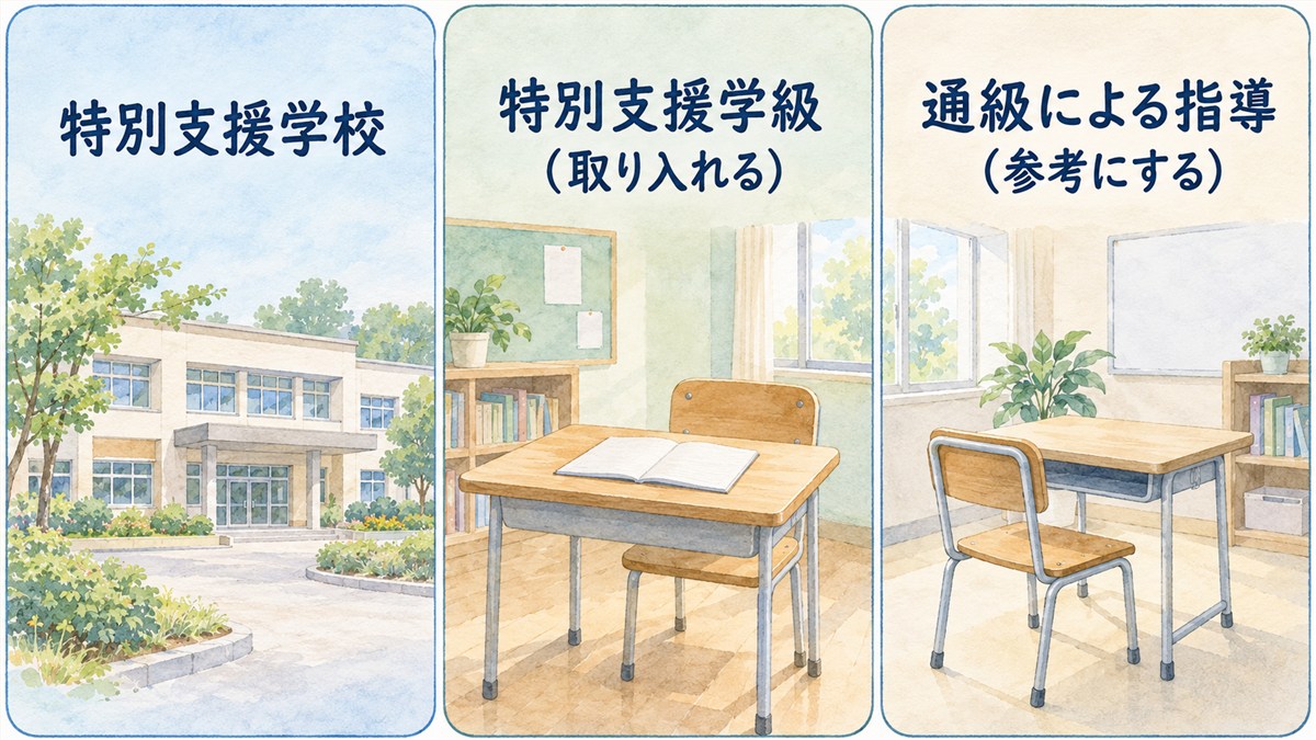 特別支援学校、取り入れる特別支援学級、参考にする通級による指導を、同じ大きさの札で整理した図解