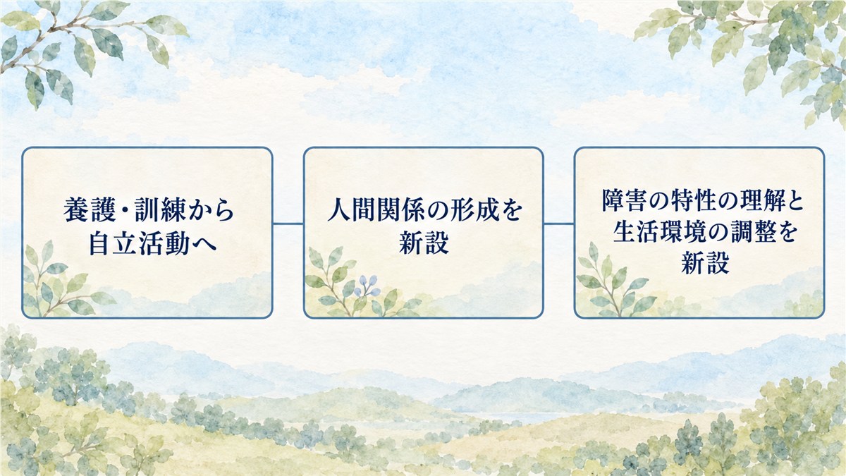 養護・訓練から自立活動への改称、人間関係の形成の新設、障害の特性の理解と生活環境の調整の新設を、年号なしで並べた図解