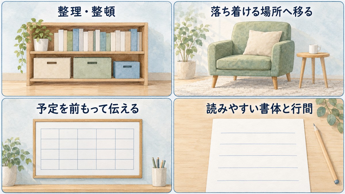 整理・整頓、落ち着ける場所へ移る、予定を前もって伝える、読みやすい書体と行間を、棚や椅子、空欄の予定表などで表した図解