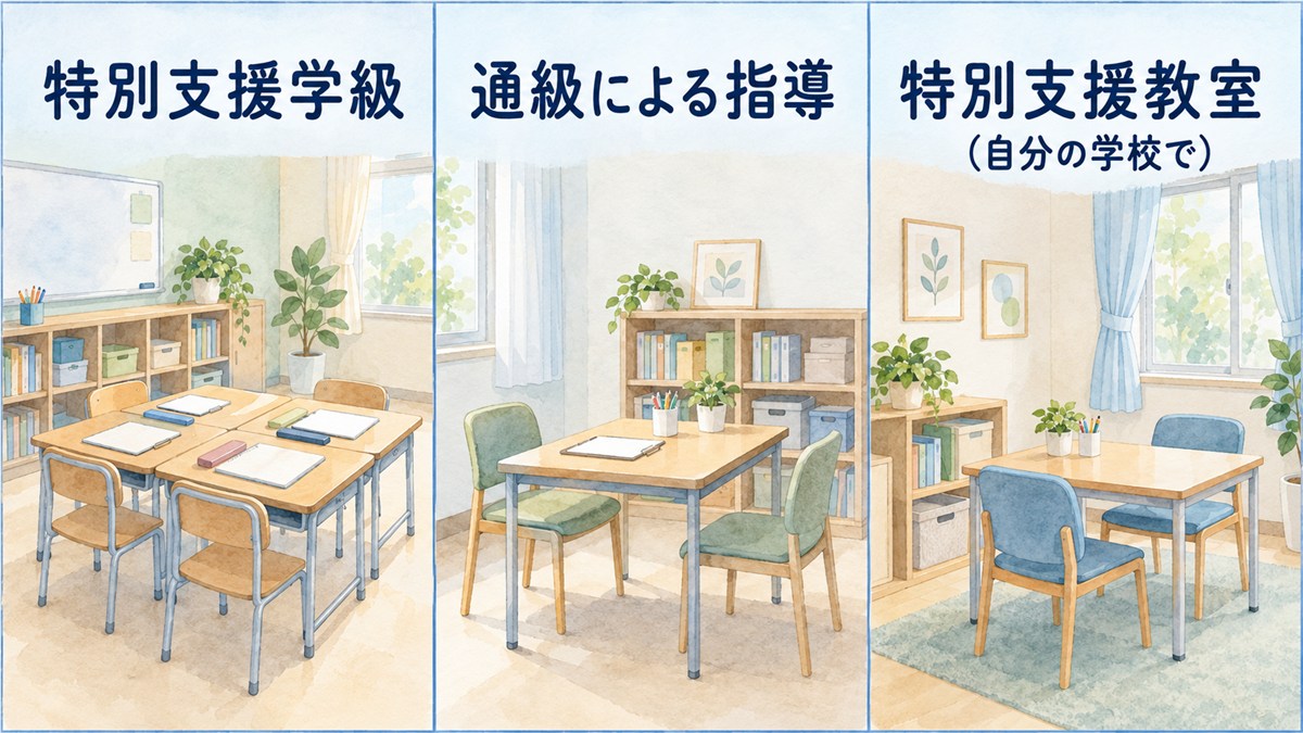 特別支援学級、通級による指導、自分の学校で学ぶ特別支援教室を、同じ大きさの異なる学習スペースで並べた図解