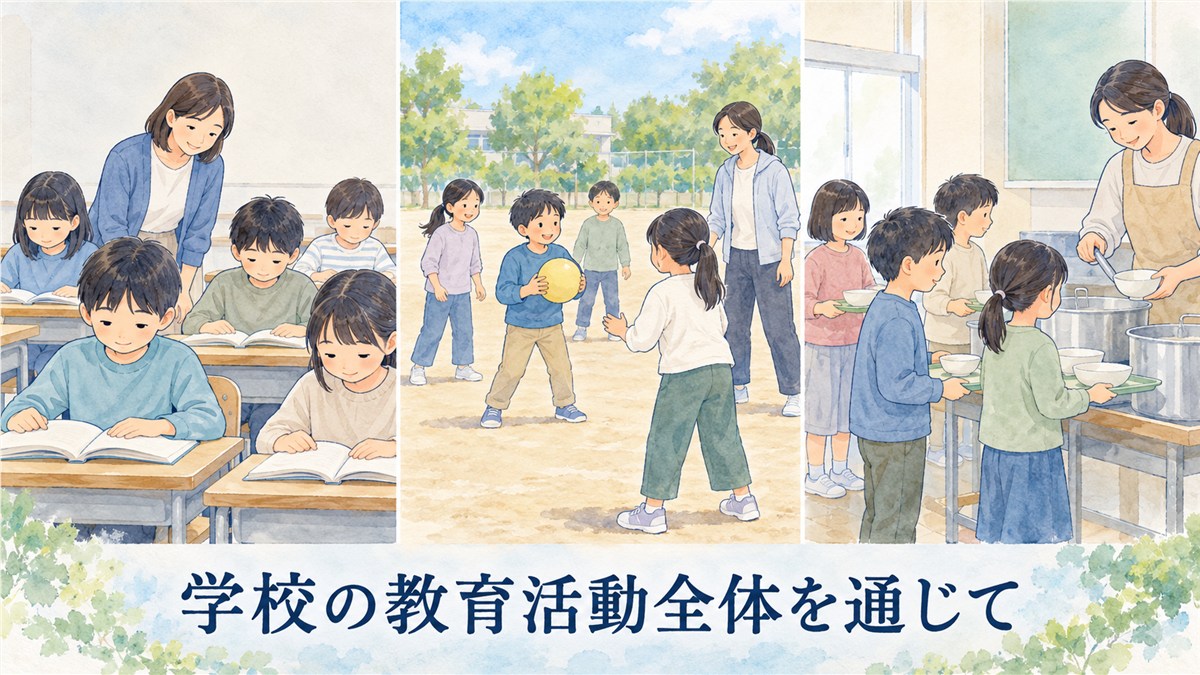 教室での授業、校庭での活動、給食の配膳を同じ大きさで並べ、学校の教育活動全体を通じた指導を表したイラスト