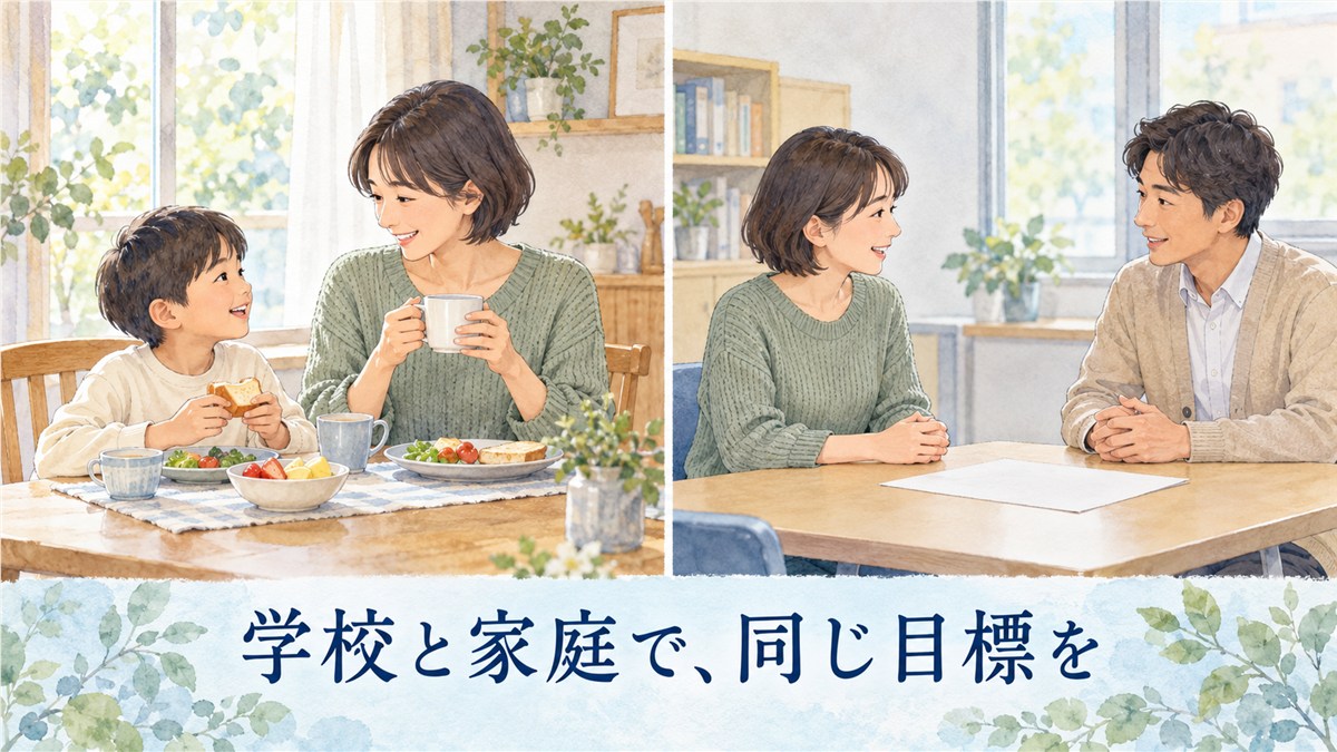 朝の家庭の食卓と、学校で保護者と先生が話す場面を同じ大きさで並べ、学校と家庭で同じ目標を共有することを表したイラスト