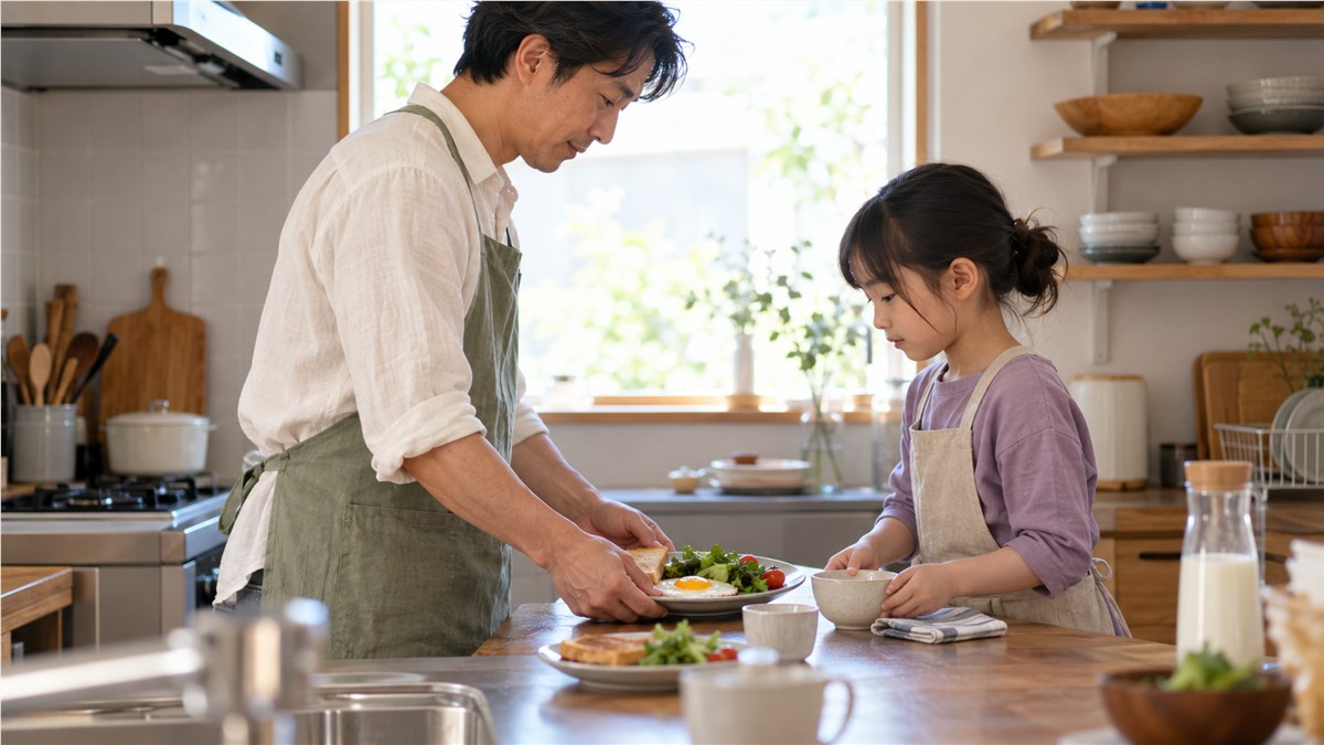 朝の明るいキッチンで、私服の日本人の父親と小学生の娘が並んで落ち着いて朝食を準備する横顔