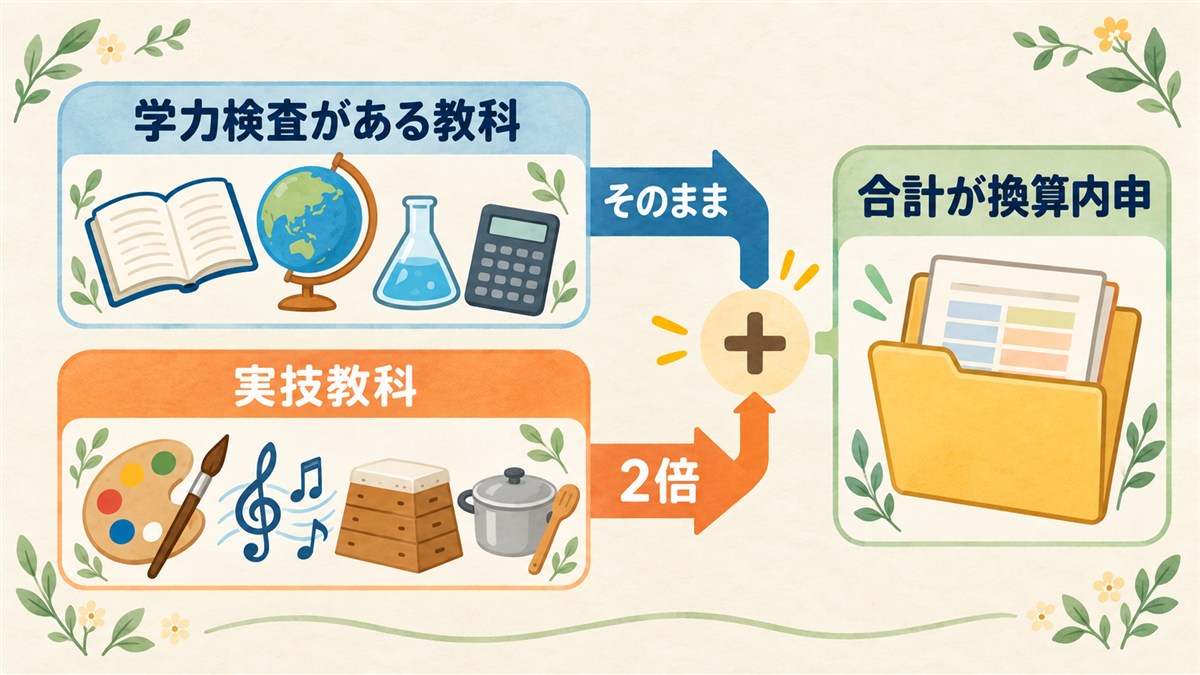 学力検査がある教科はそのまま、実技教科は2倍にして、2つを合計したものが換算内申になることを示す図解