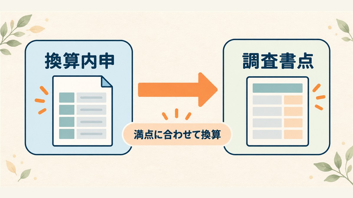 換算内申を満点に合わせて調査書点へ換算する流れを示す図解