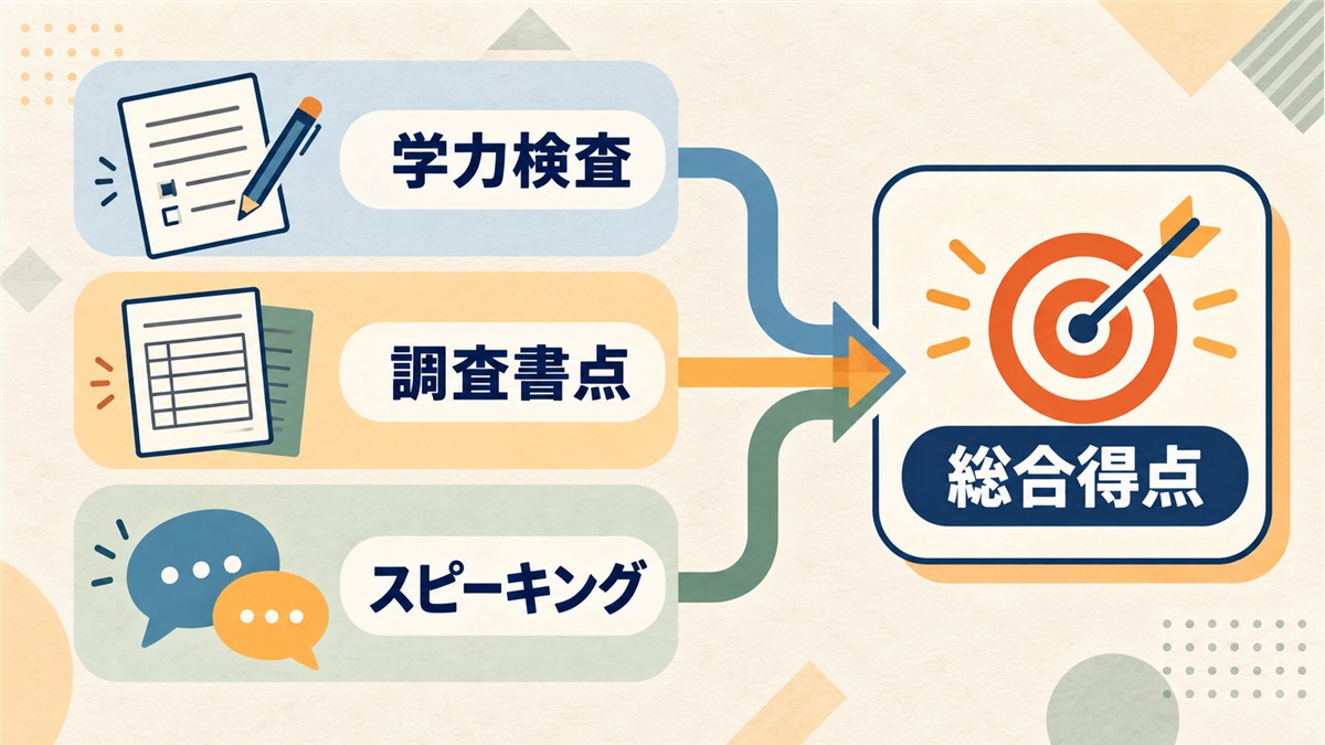 学力検査と調査書点とスピーキングを合わせて総合得点にする図解