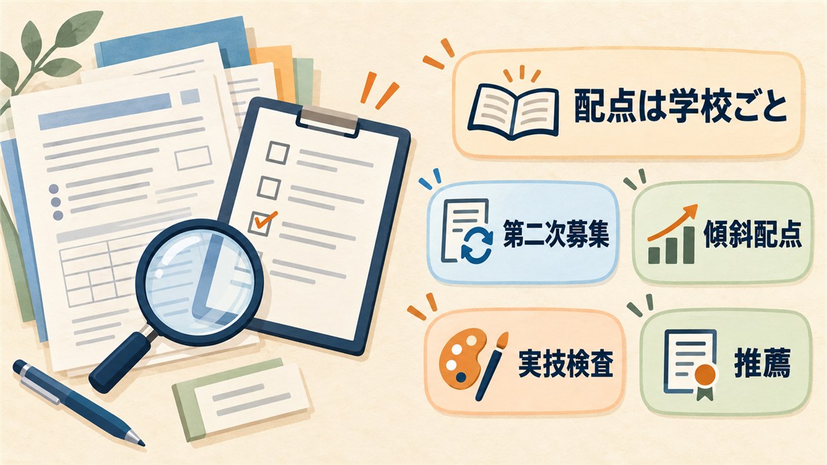 学校ごとの配点や第二次募集、傾斜配点、実技検査、推薦を確認する図解