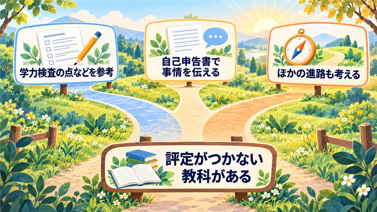評定がつかない教科がある場合に、学力検査の点などの参考、自己申告書、ほかの進路という3つの道に分かれることを示す図解