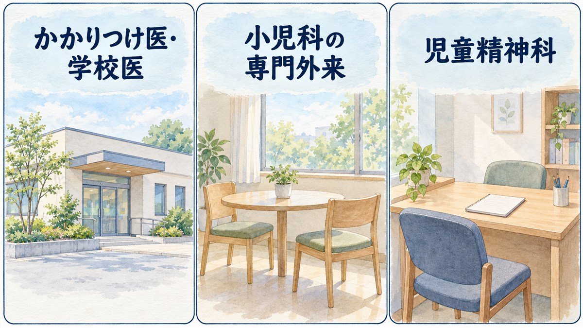 かかりつけ医・学校医、小児科の専門外来、児童精神科を、同じ大きさの区画と中立的な建物や相談スペースで示した図解