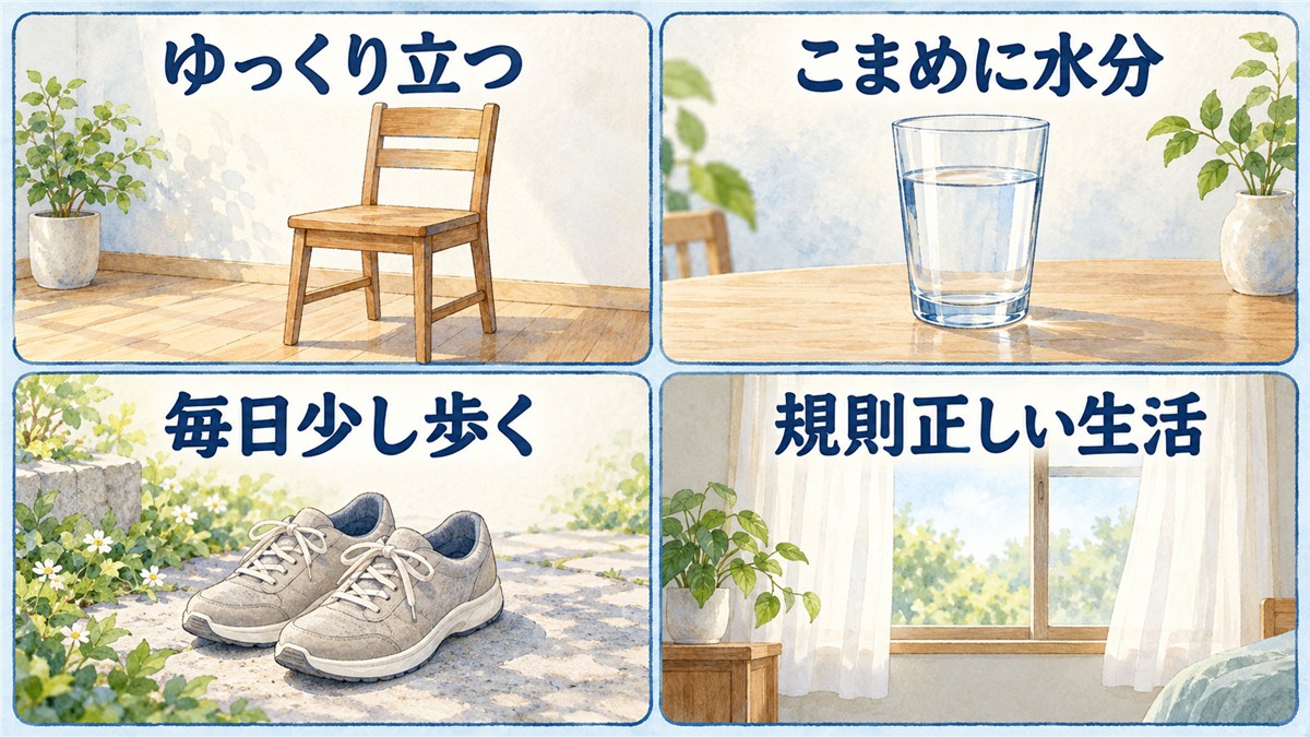 ゆっくり立つ、こまめに水分、毎日少し歩く、規則正しい生活を、椅子・コップ・靴・カーテンで示した図解