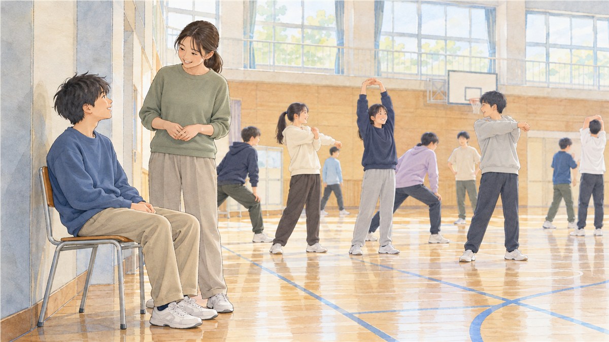 体育館の直射日光が当たらない場所で椅子に座って見学する私服の生徒と、そばで穏やかに声をかける先生のイラスト