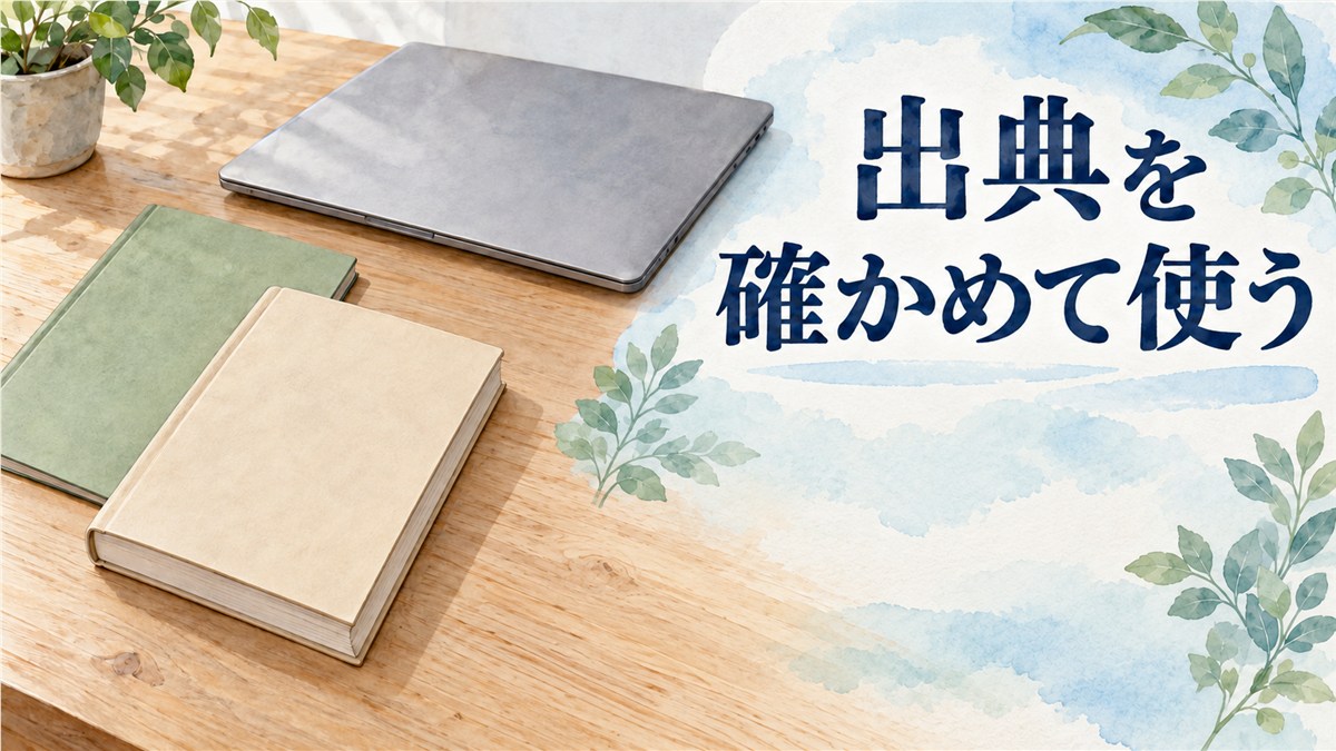 無地の資料冊子と閉じたノートパソコンを机に置き、出典を確かめて使うという言葉を添えた図解
