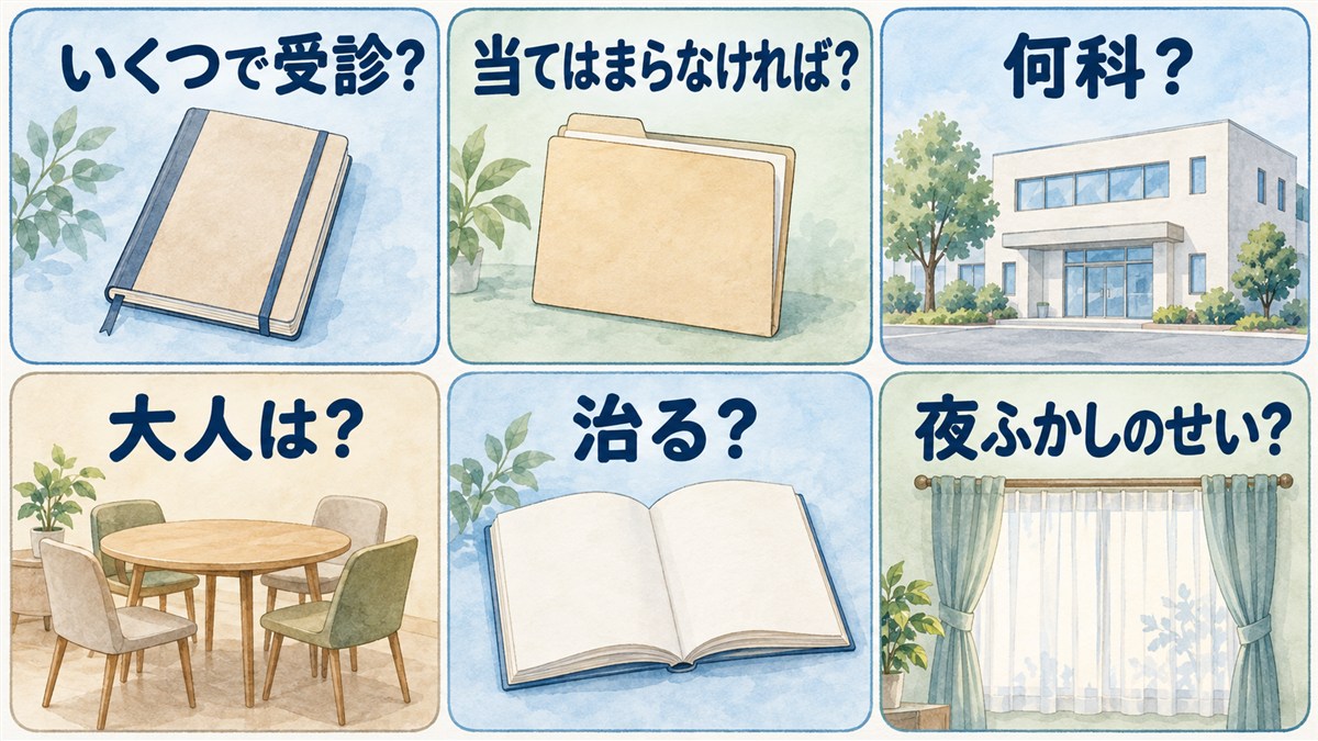 受診の目安、当てはまらない場合、何科、大人、治療の見通し、夜ふかしについて六つの質問を並べた図解