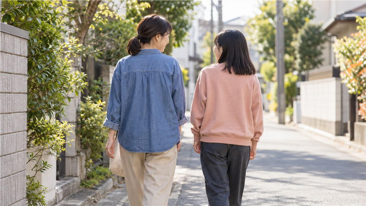 午後の明るい近所の歩道を、私服の日本人の母親と中学生の娘がゆっくり並んで歩く後ろ姿